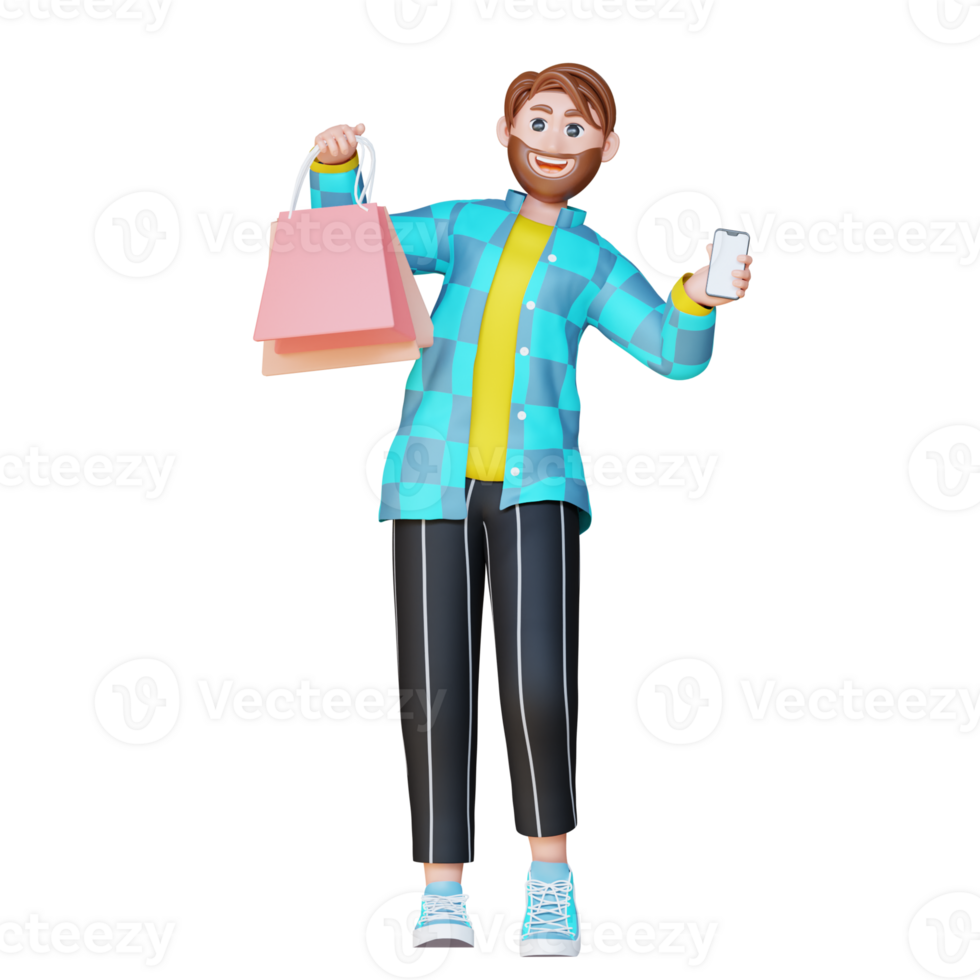 3D Illustration Character holding a phone and shopping bag png