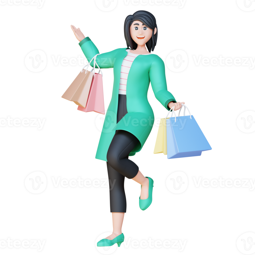 3d ilustración personaje bailando con compras bolso png