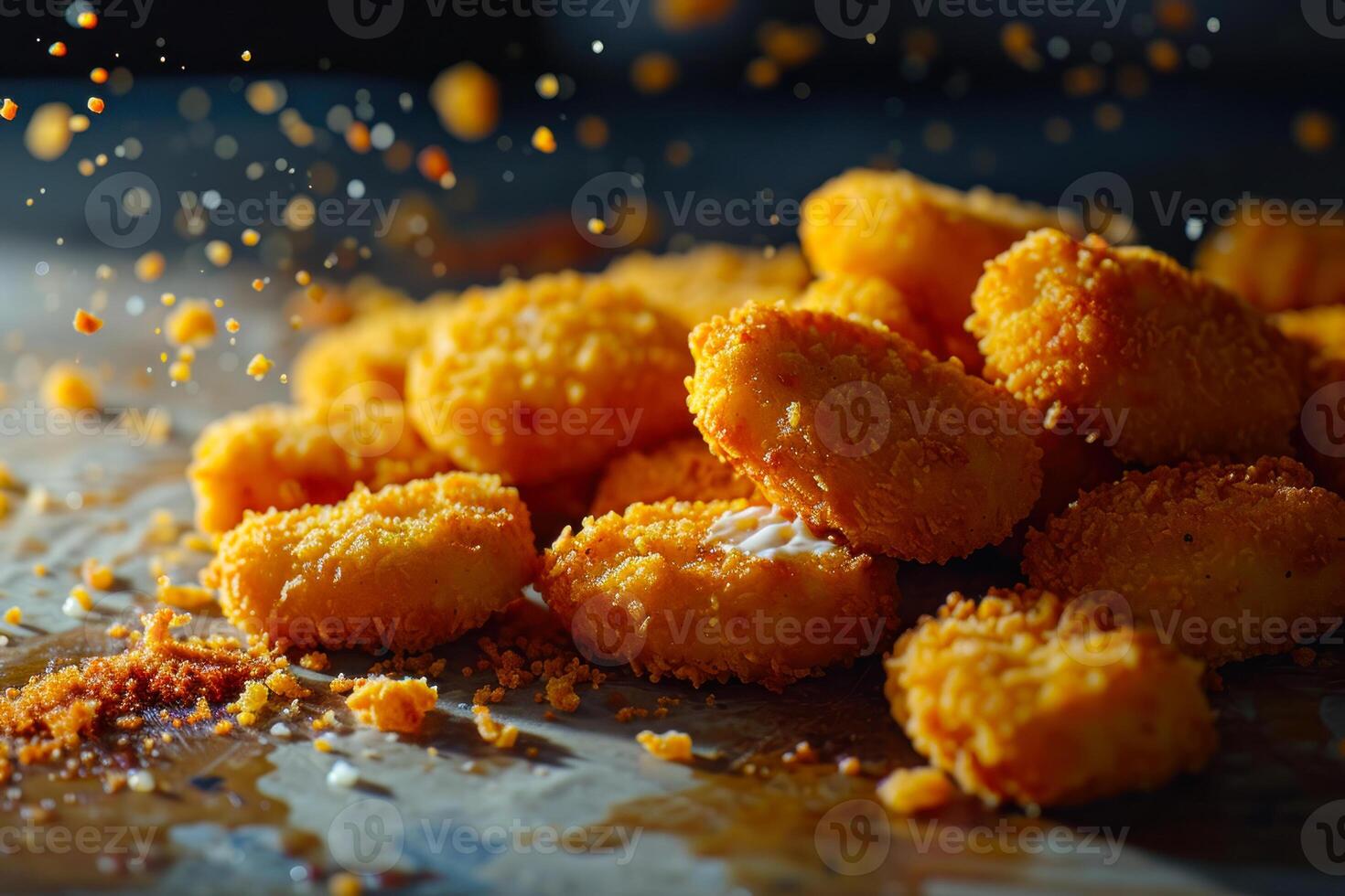 AI generated Crispy Chicken Nuggets with Flying Crumbs photo