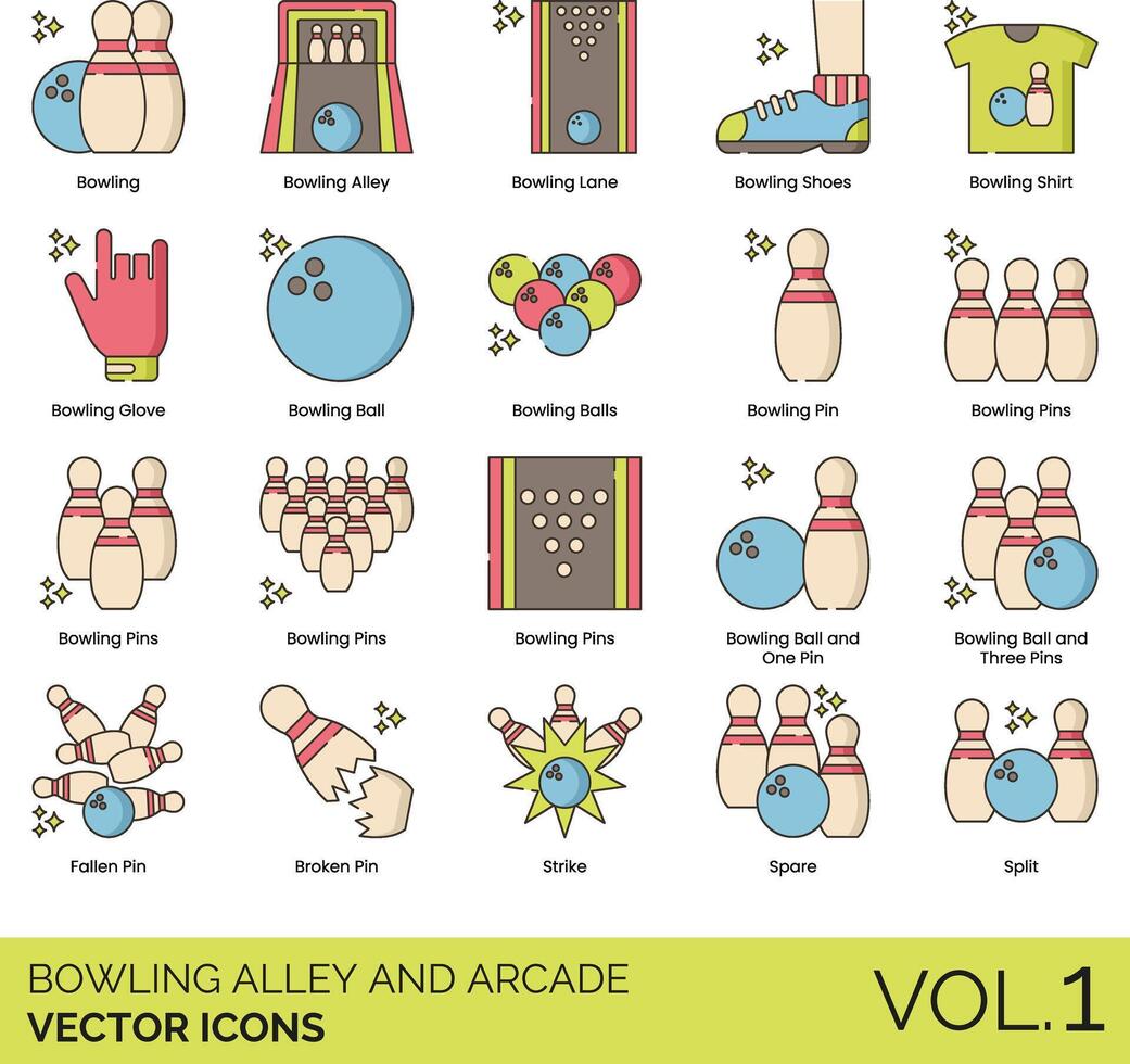 bowling alley and arcade vector icon set
