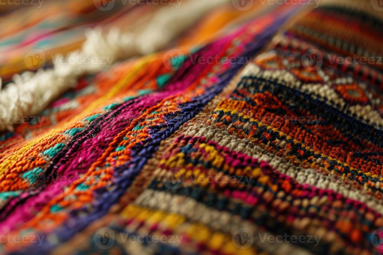 AI generated Colorful AfricanPeruvian rug surface closeup with more motifs and textiles. photo