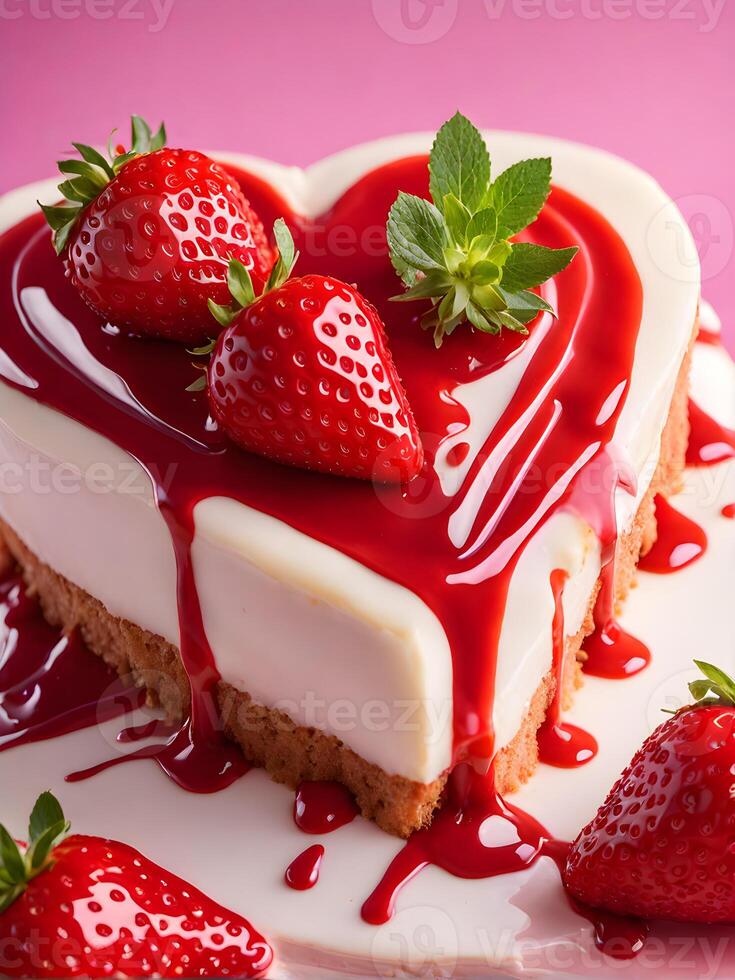 AI generated heartshaped cake with strawberry frosting and strawberries photo