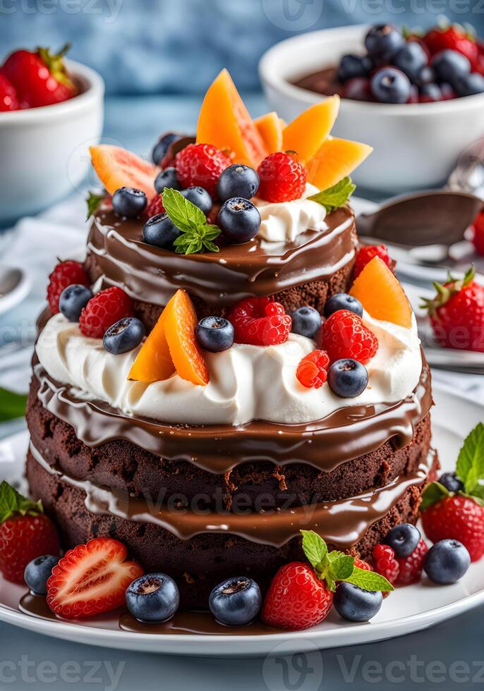 AI generated chocolate cake with cream and fruit photo