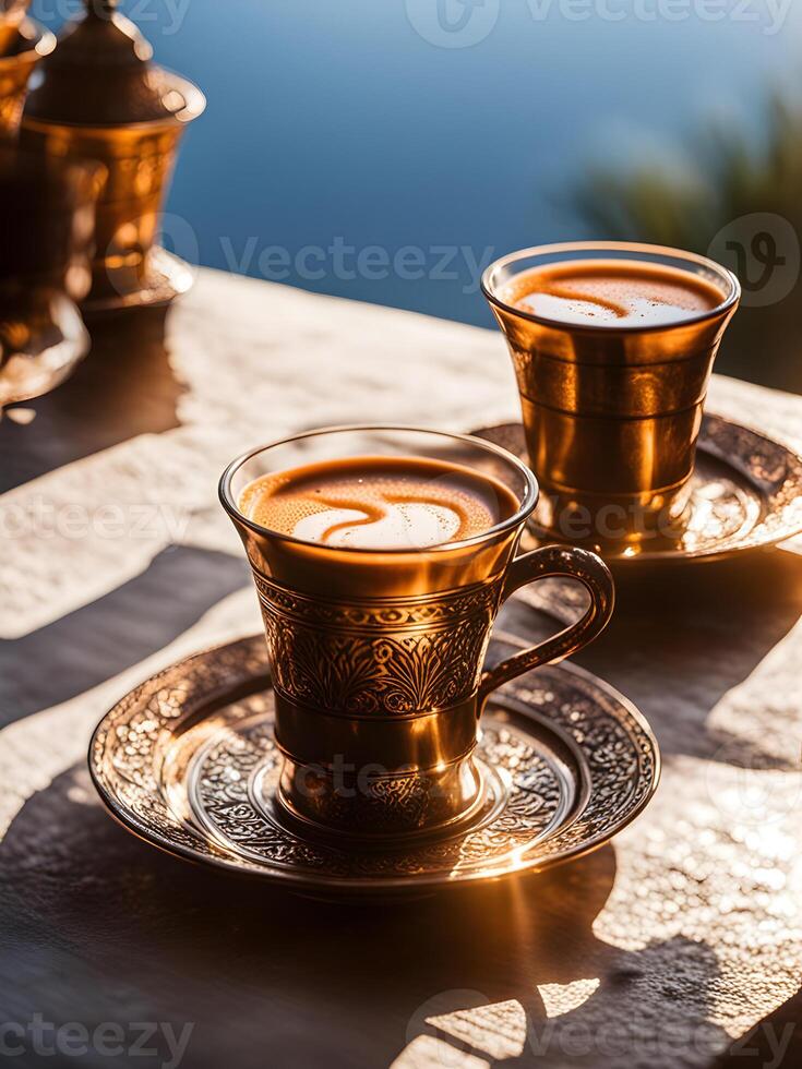 AI generated Turkish coffee on a sunny background photo