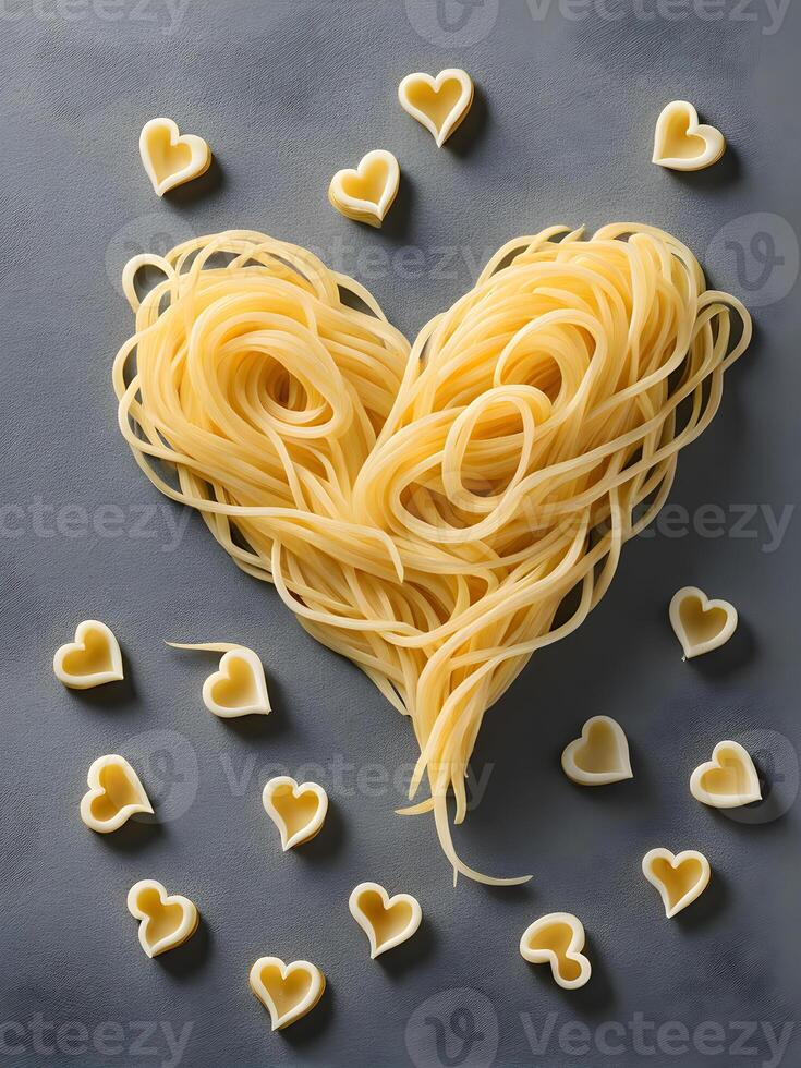 AI generated heart shaped pasta spaghetti spaghetti flatlay photo