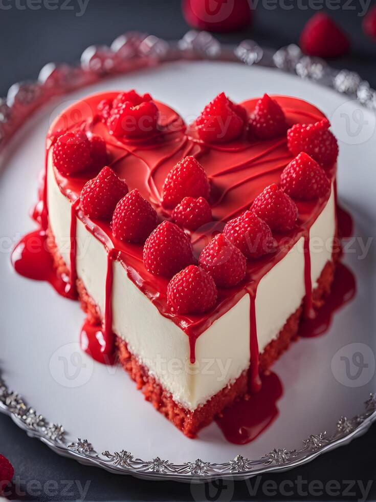 ai generado en forma de corazon rojo tarta de queso con rosas, bayas y corazones foto