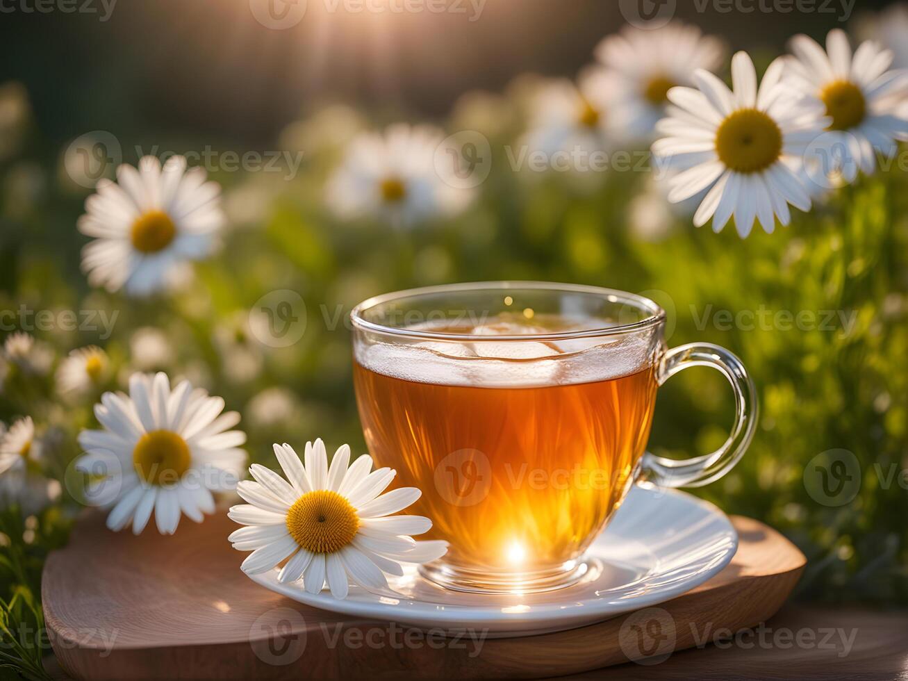 AI generated chamomile tea in a transparent cup on a summer sunny background photo