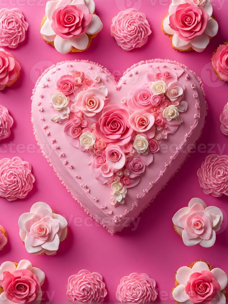 AI generated heartshaped cream pink cake with roses photo