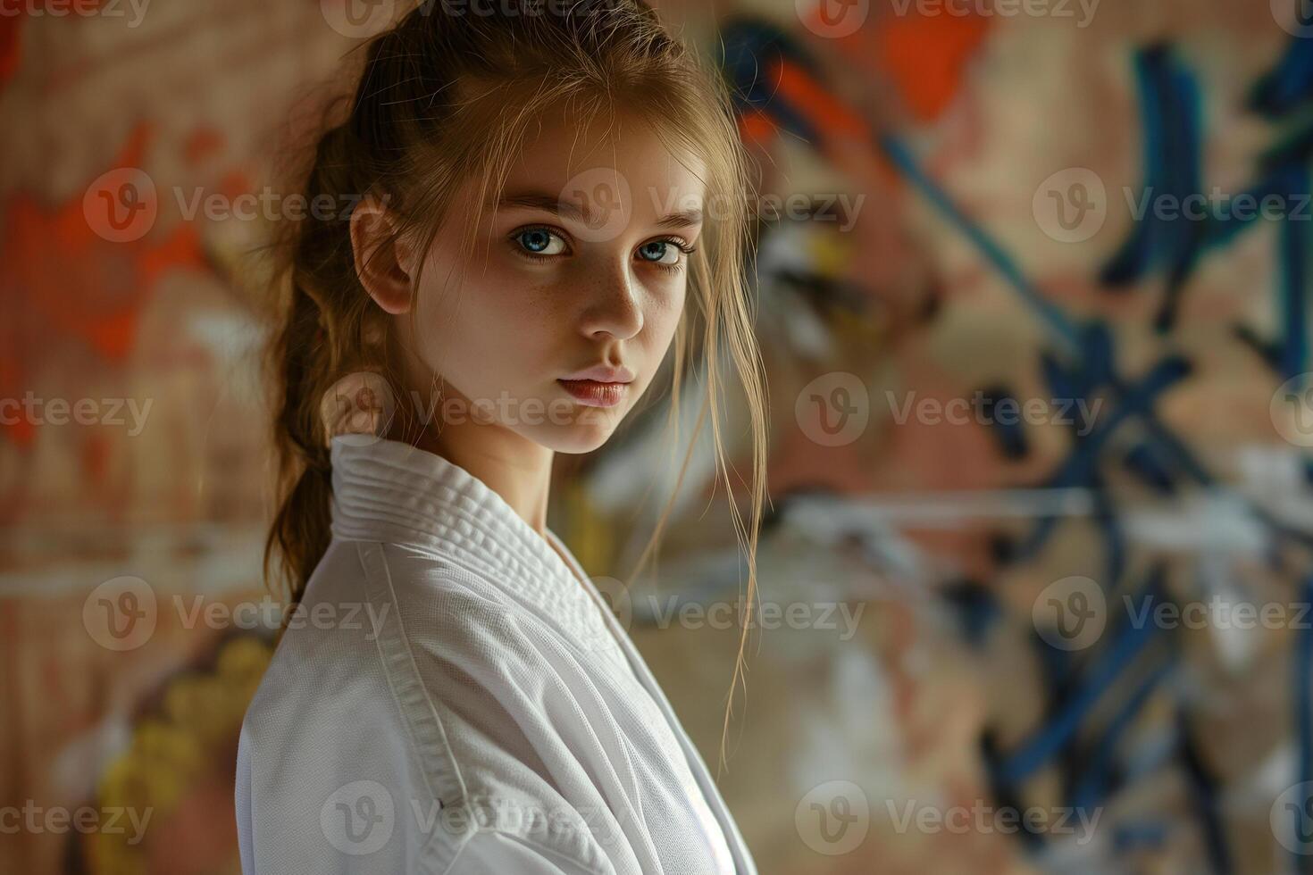ai generado retrato de niña en tradicional ropa formación experimentado kárate combatiente club marcial letras foto