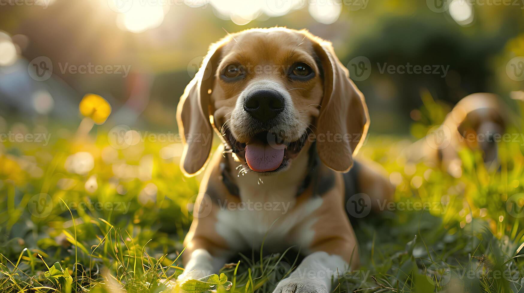 AI generated Smiling face cute lovely Beagle lying on the grass in a Summer park, Funny lovely pet dog, Dog on the background of nature. photo