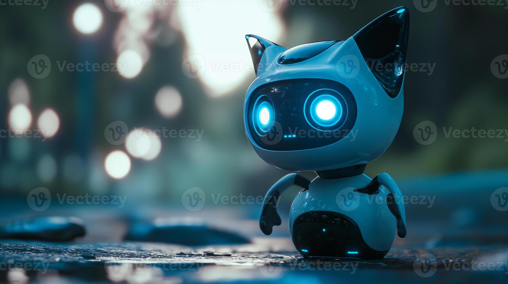 AI generated A white cute ai chatbot or robot on a blured blue background. Space for text photo