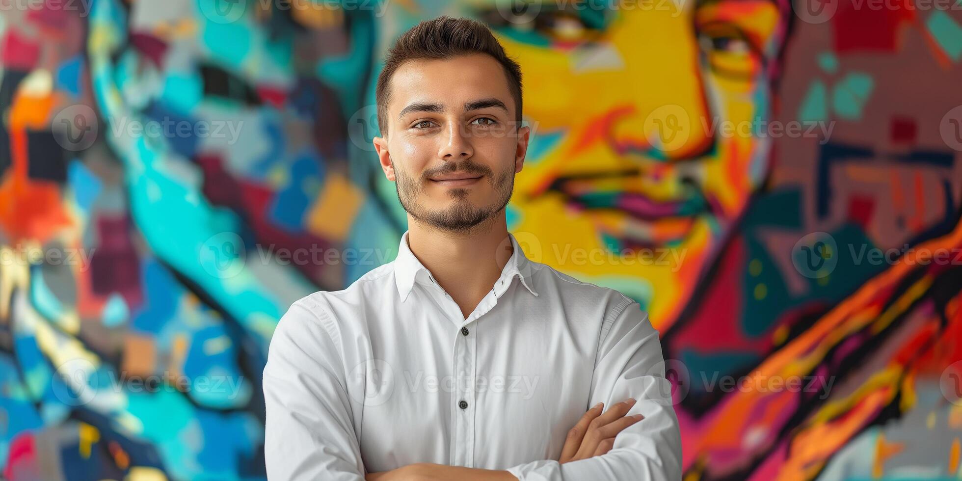 AI generated A confident young male entrepreneur in front of a colorful background photo