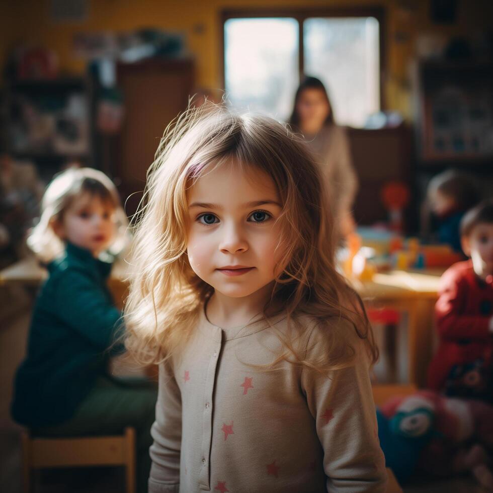 ai generado retrato de pequeño niña en jardín de infancia guardería escuela. niños jugando con educativo juguetes temprano educación. montessori aprendizaje herramientas para niños foto