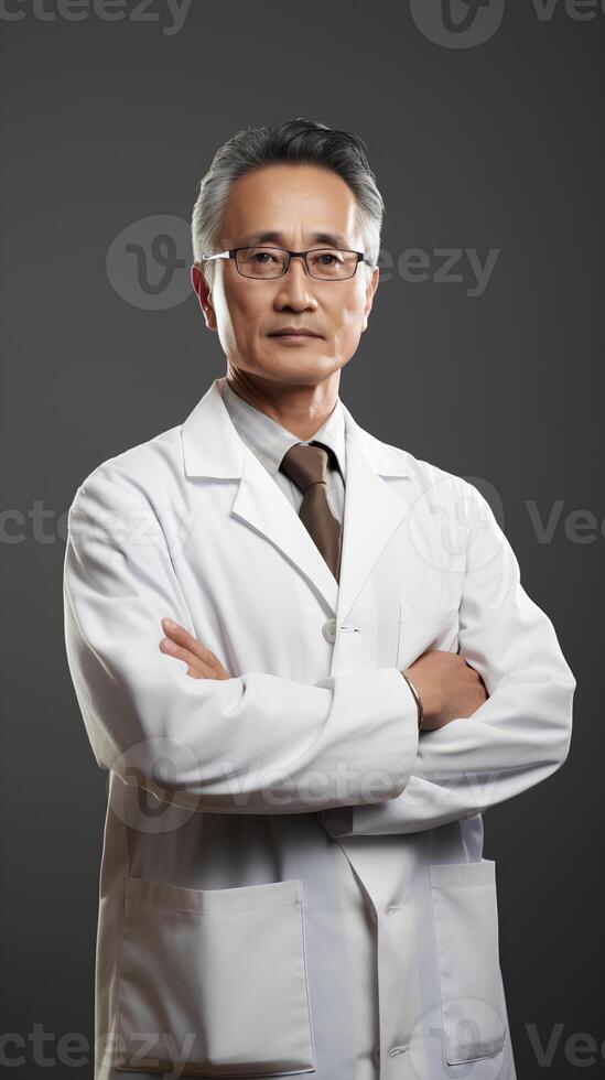 AI generated Portrait of asian male confidant scientist in white coat standing with arms crossed photo