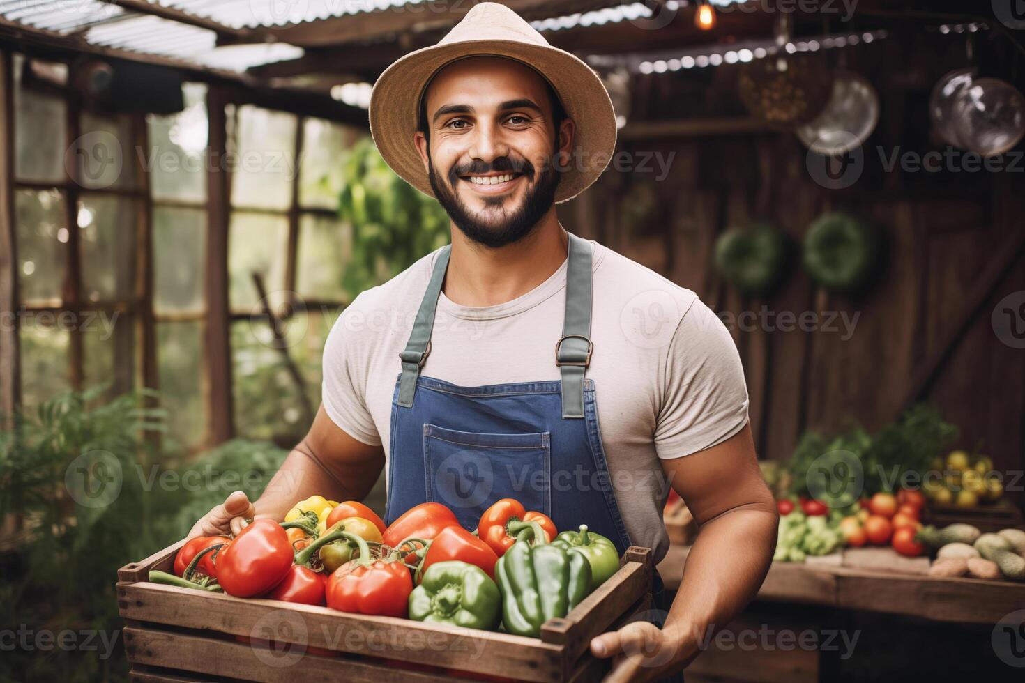 AI generated Farmer man holding wooden box full of fresh raw organic vegetables, standing in greenhouse. photo