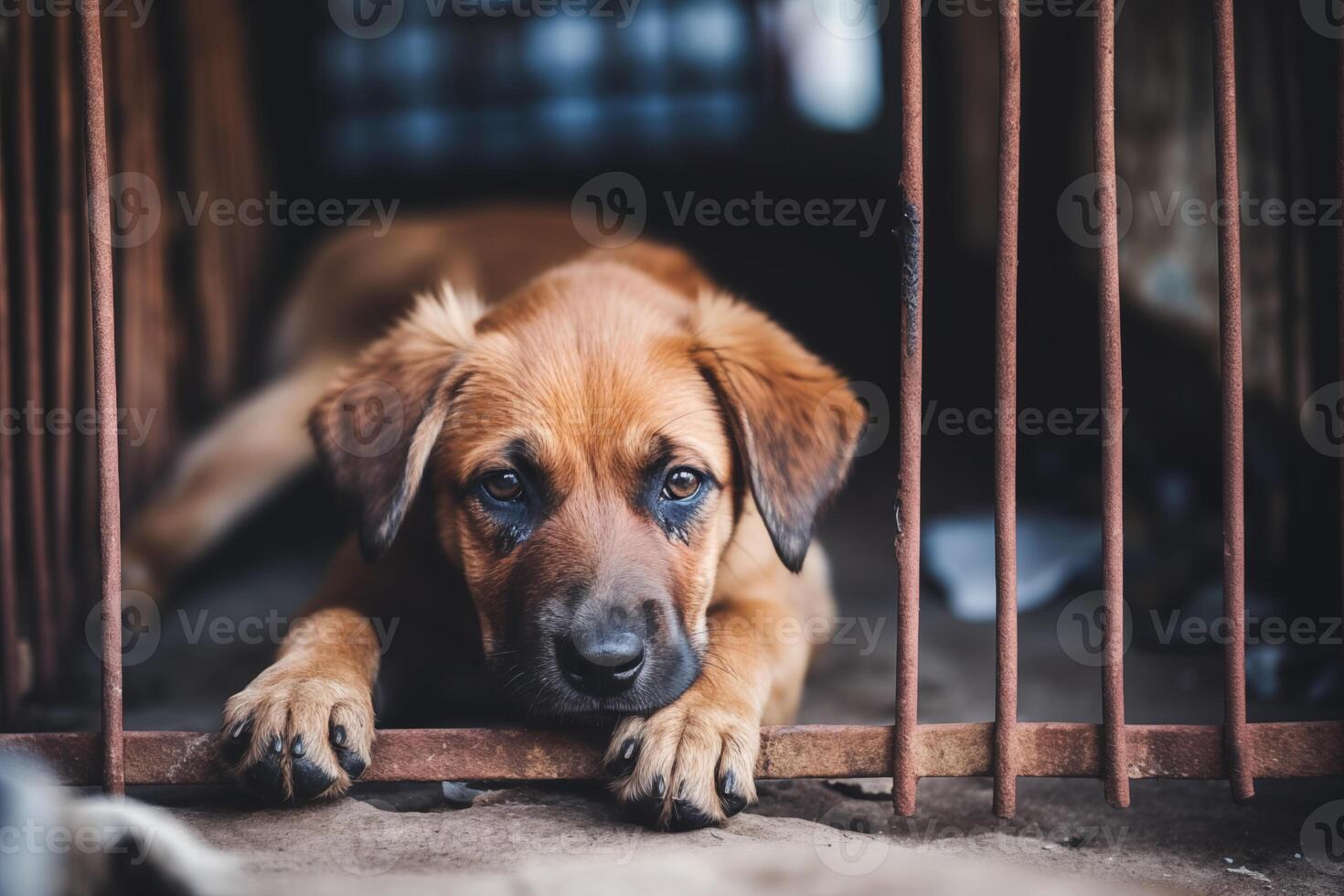 AI generated Stray homeless dog in animal shelter cage. Sad abandoned hungry dog behind old rusty grid of the cage in shelter for homeless animals. Dog adoption, rescue, help for pets photo