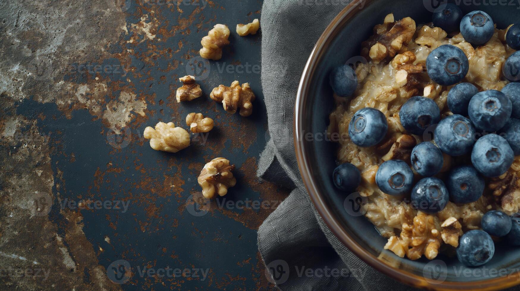 AI generated Blueberry and nut topped oatmeal on a rustic backdrop photo