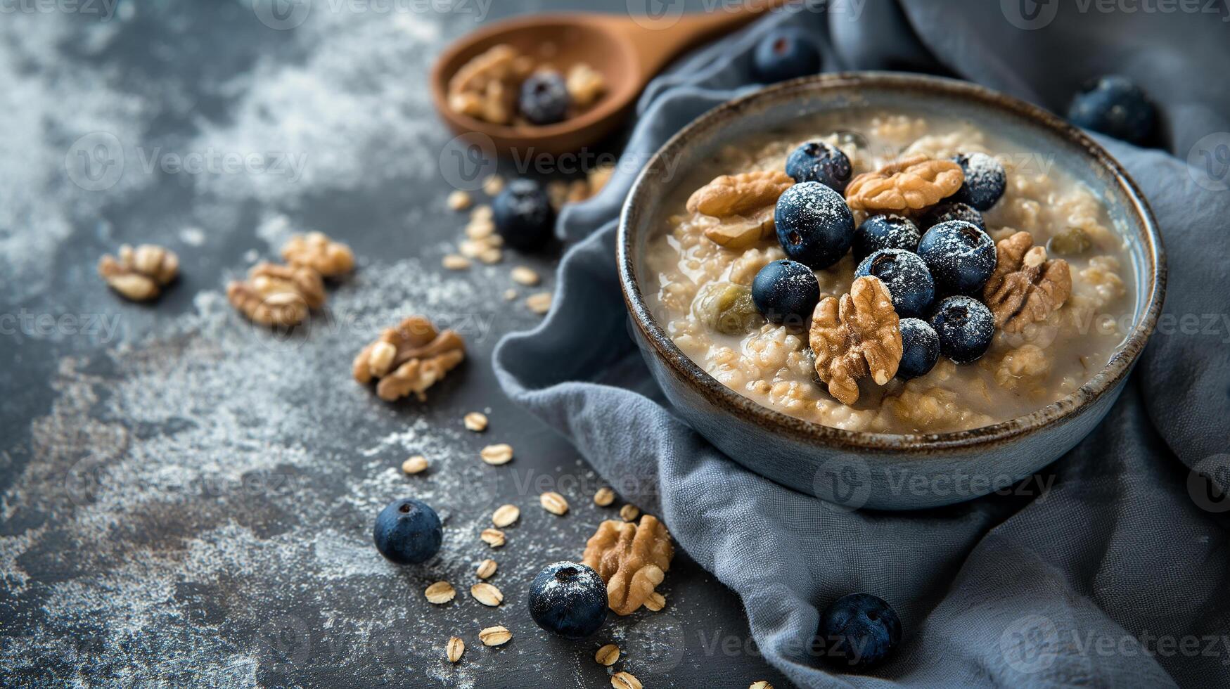 AI generated Blueberry and nut topped oatmeal on a rustic backdrop photo