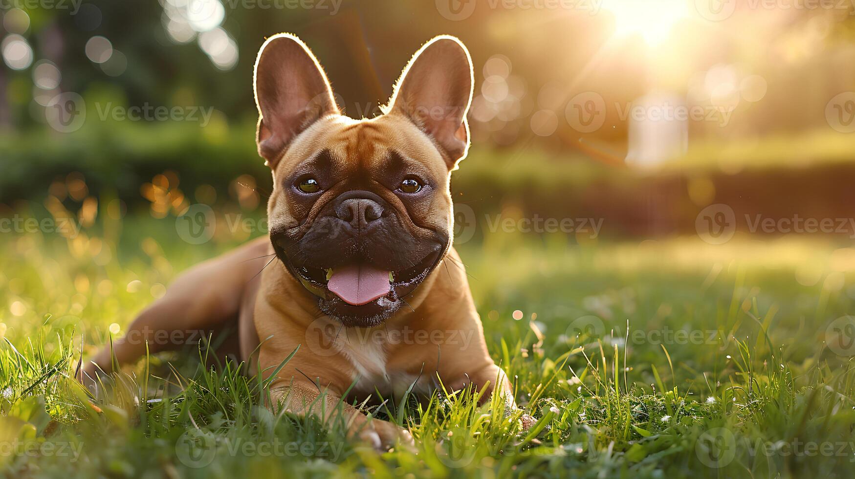 AI generated Smiling face cute lovely French Bulldog lying on the grass in a Summer park, Funny lovely pet dog, Dog on the background of nature. photo