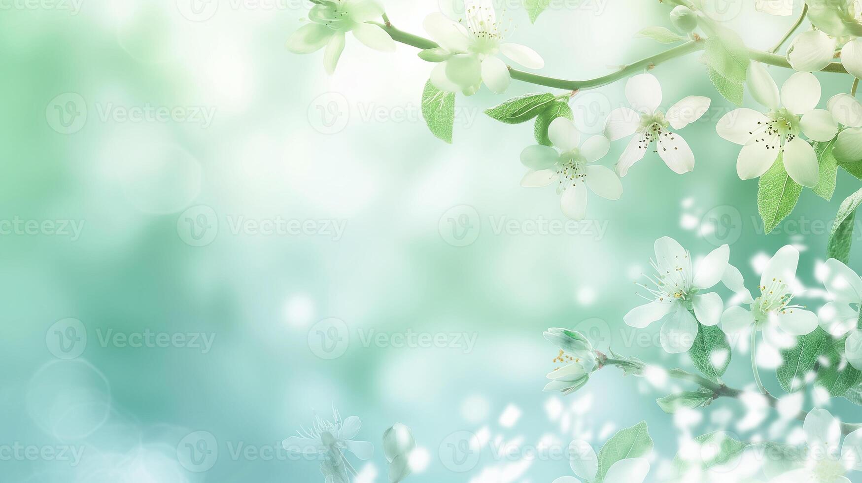 ai generado cerca arriba de primavera flores en blured ligero azul fondo, primavera antecedentes para bandera o tarjeta foto