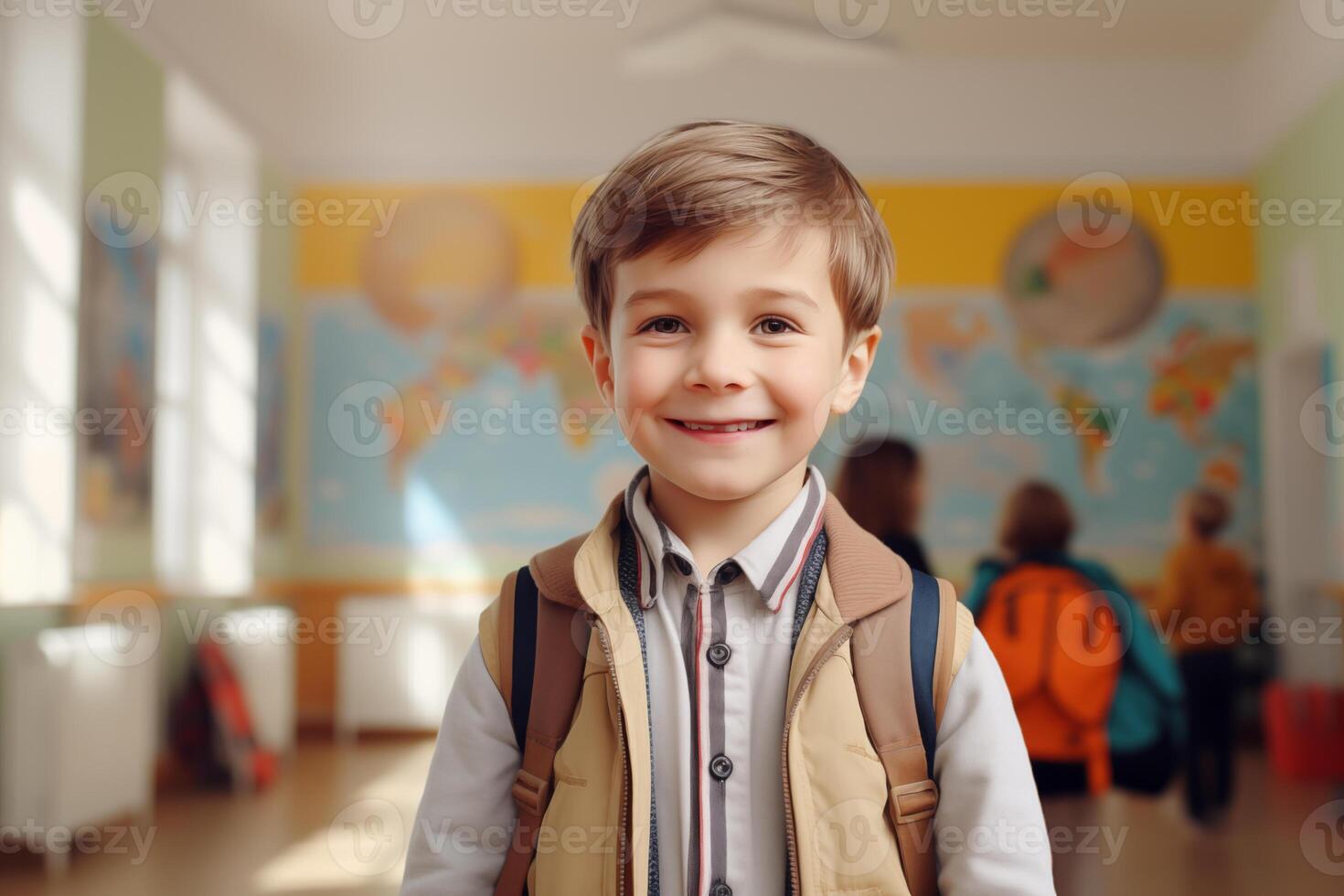 AI generated Portait of little boy in kindergarten nursery school. Kids playing with educational toys. Early education. Montessori learning tools for children. photo