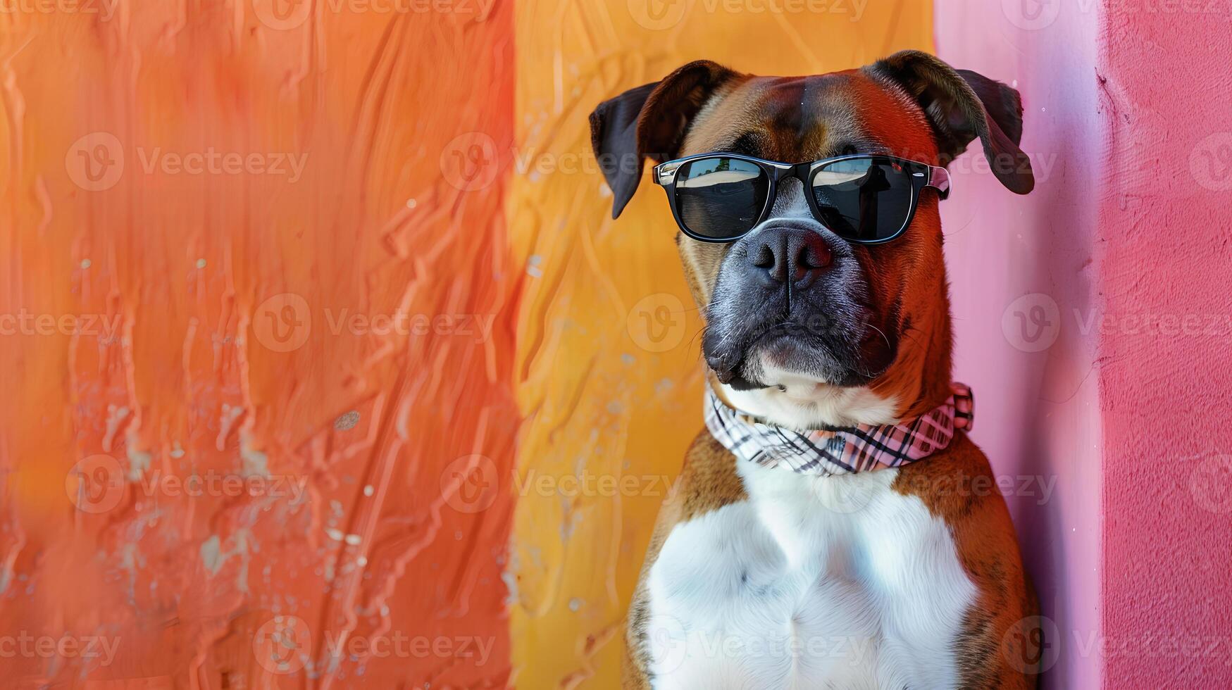AI generated Cool dog with sunglasses on colorful wall background. Space for text photo