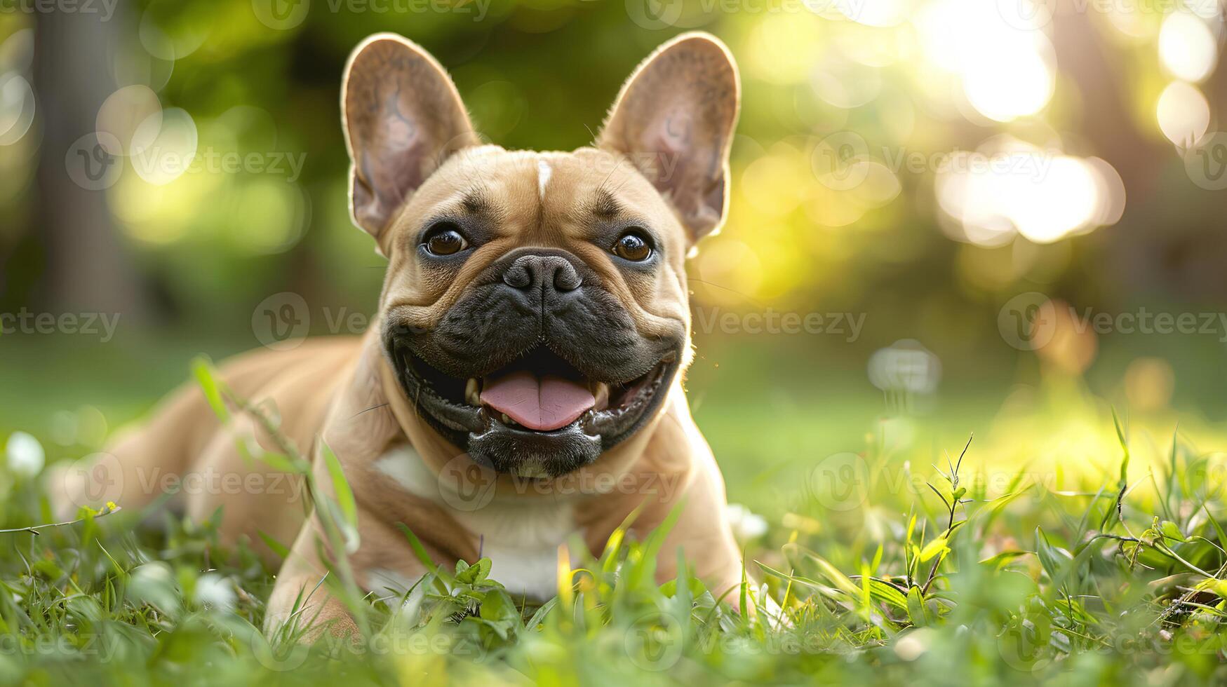 AI generated Smiling face cute lovely French Bulldog lying on the grass in a Summer park, Funny lovely pet dog, Dog on the background of nature. photo