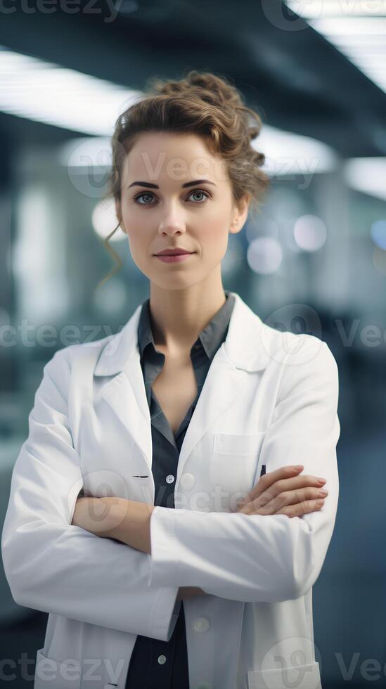 AI generated Portrait of female confidant scientist in white coat standing with arms crossed photo