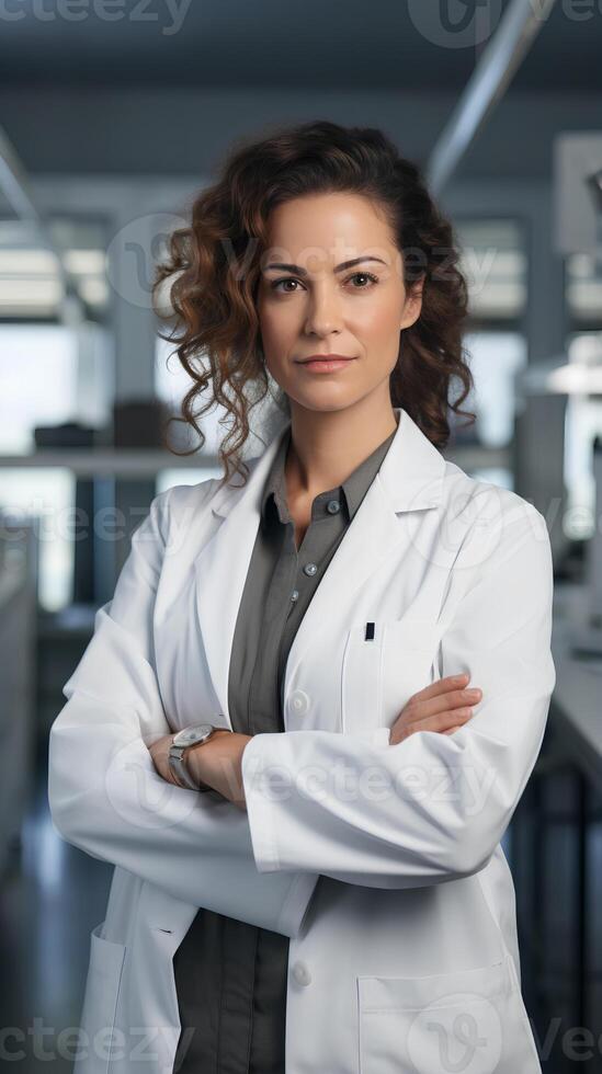 AI generated Portrait of female confidant scientist in white coat standing with arms crossed photo