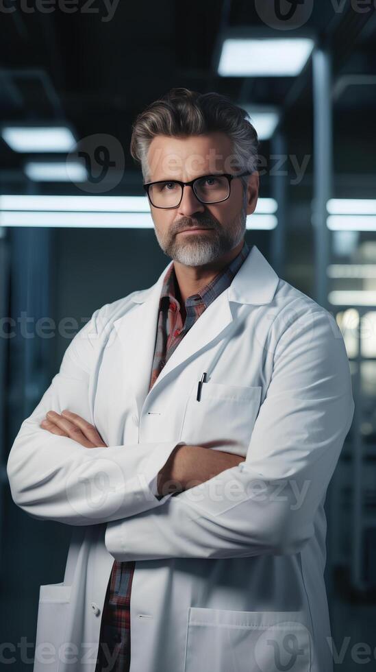 AI generated Portrait of male confidant scientist in white coat standing with arms crossed. photo