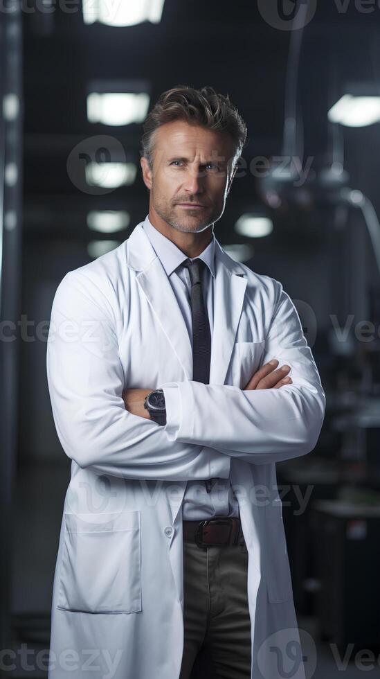 AI generated Portrait of male confidant scientist in white coat standing with arms crossed. photo