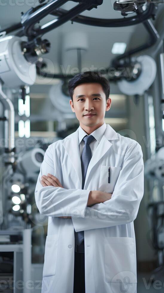 AI generated Portrait of asian male confidant scientist in white coat standing with arms crossed photo