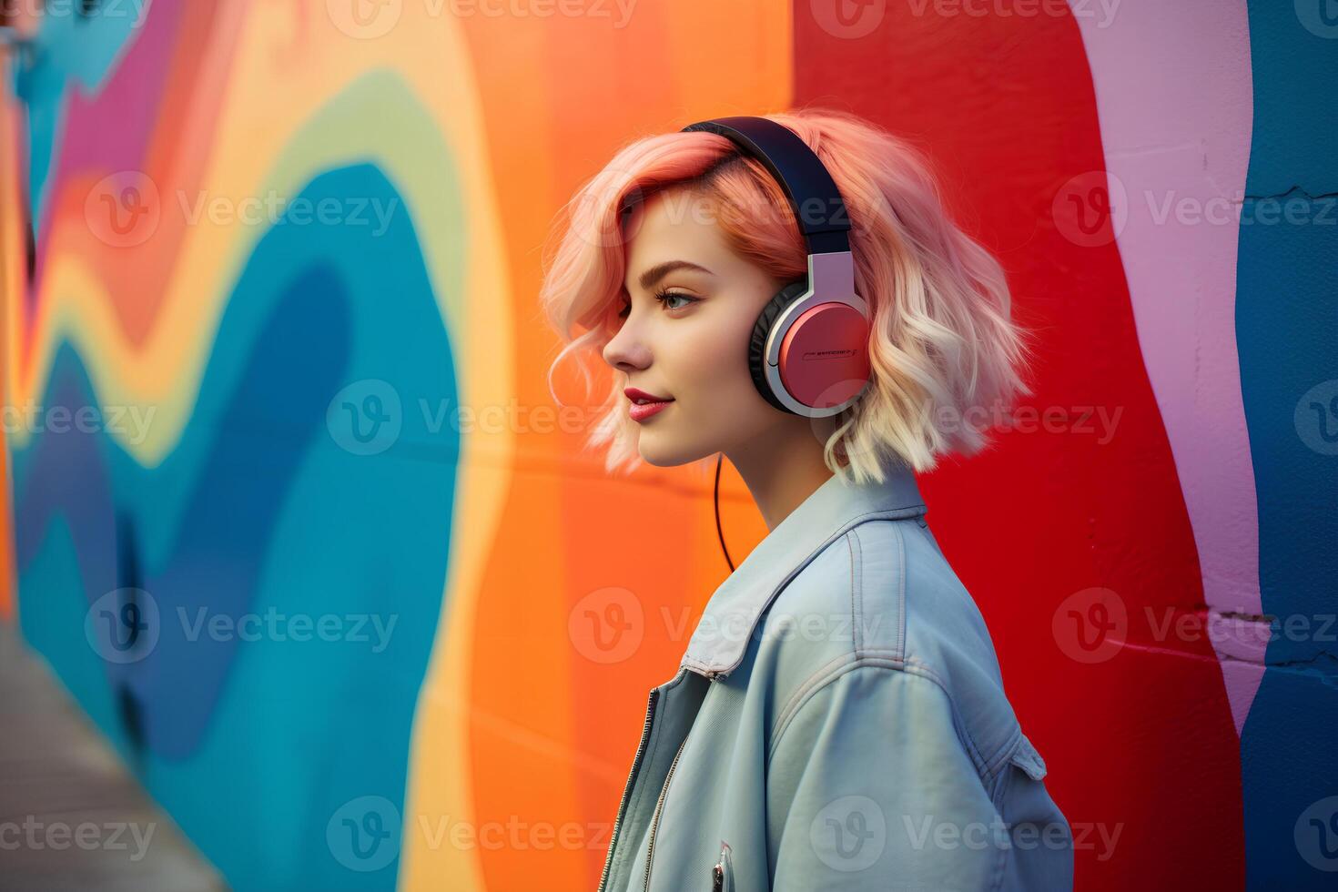 AI generated Young woman with colorful hair and headphones walks past a colorful wall, in the style of colorful, minimalistic. photo