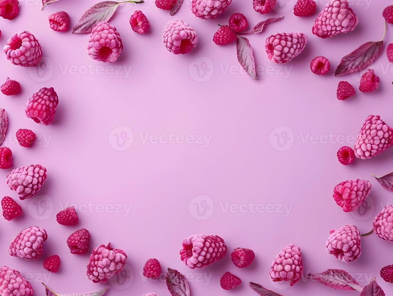 AI generated Pastel berries frame. Raspberry on a pastel purple background. High quality. AI Generative photo