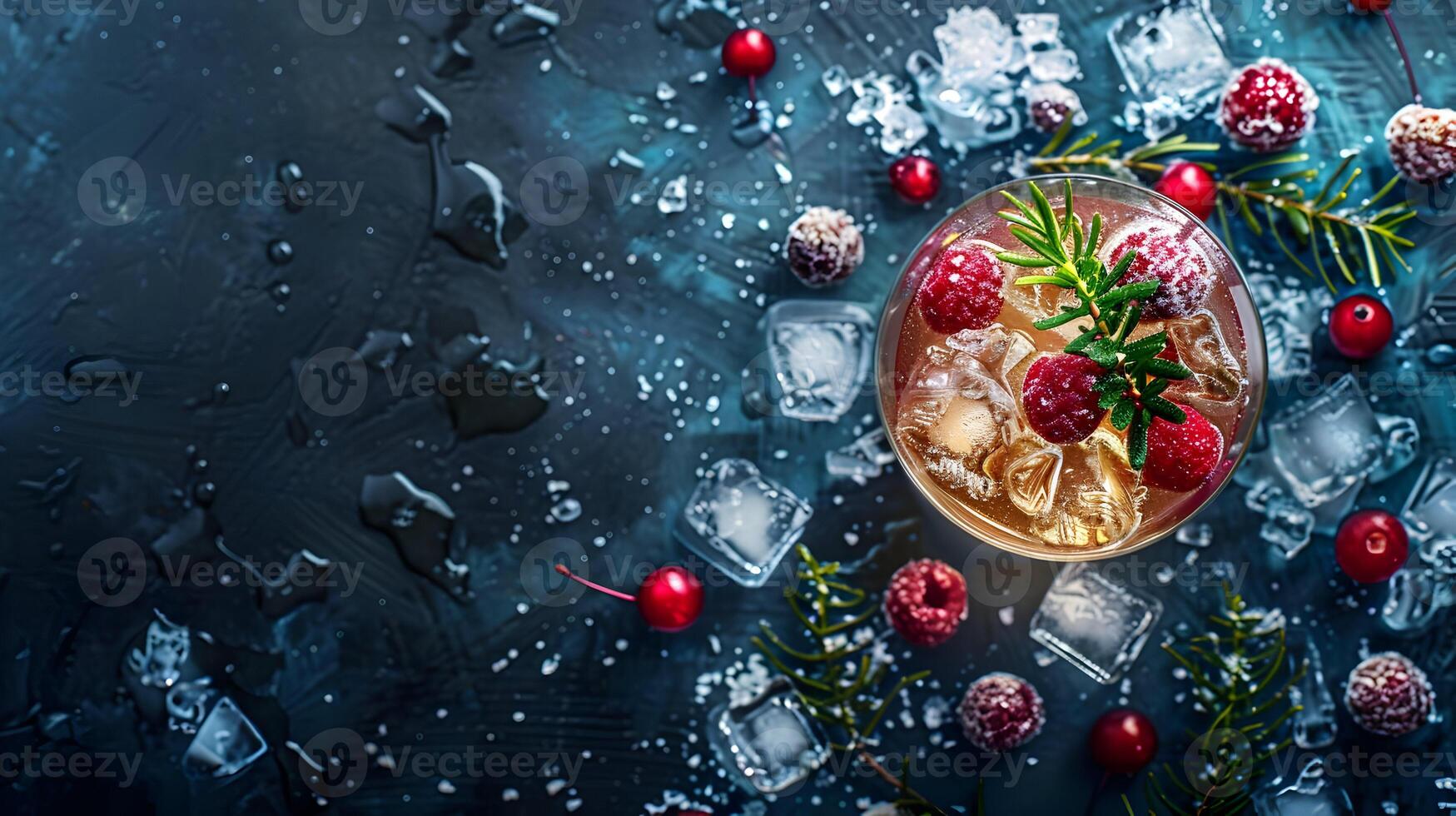 AI generated Winter drinks with snow and tree decorations on a dark background. Top view. High quality. AI Generative photo