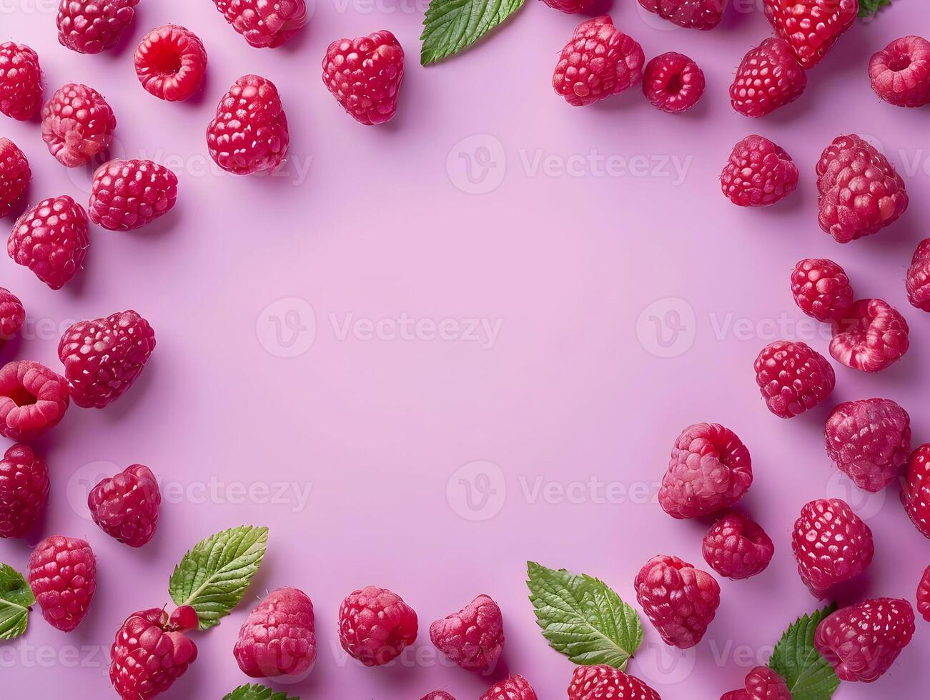 AI generated Pastel berries frame with green leaves. Raspberry on a pastel purple background. High quality. AI Generative photo