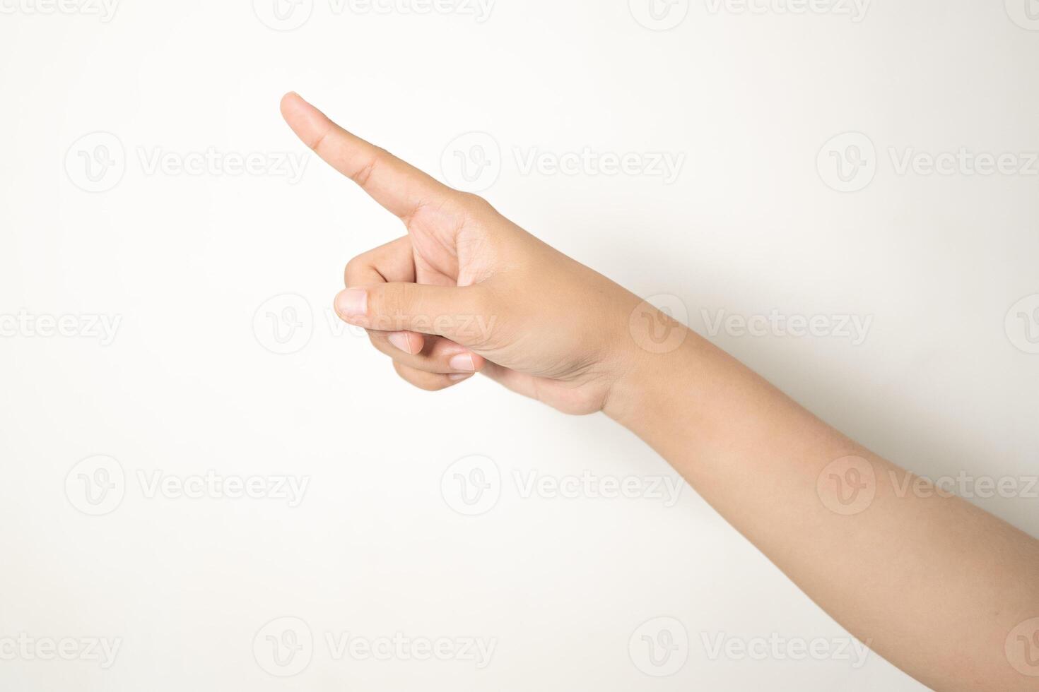 Hand pointing at something on white background photo