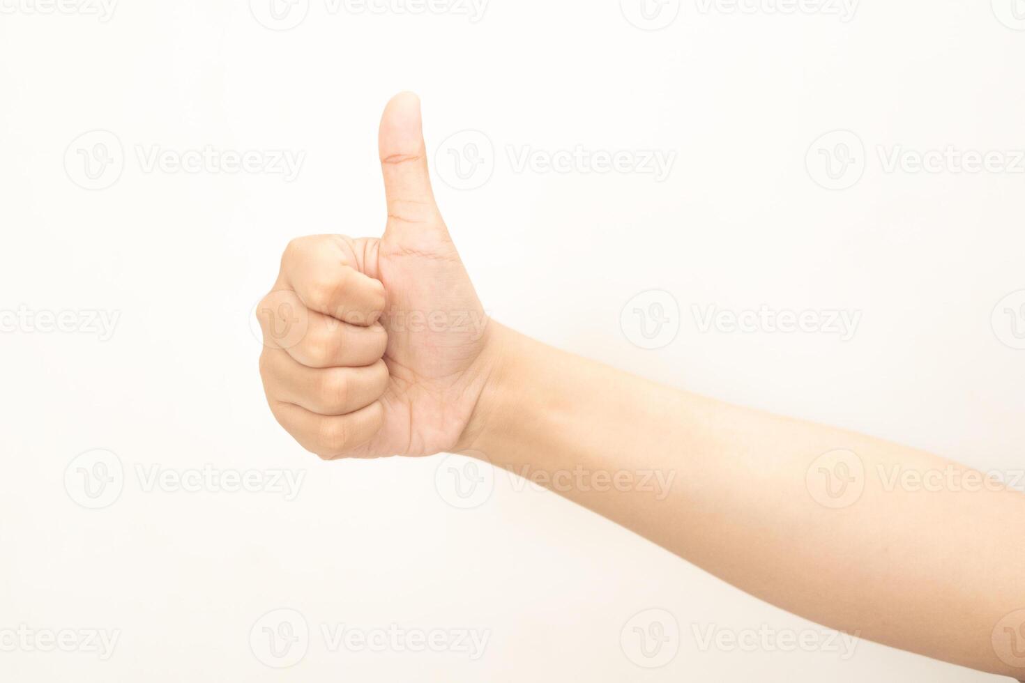 Hand pointing at something and make a sign on white background photo