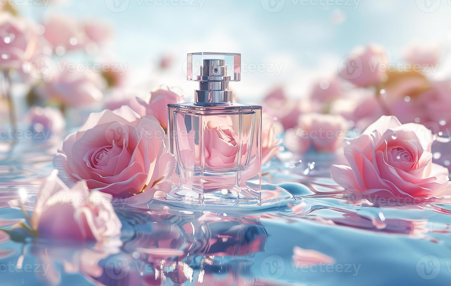 AI generated Elegant Perfume Bottle Surrounded by Pink Roses and Petals on a Reflective Surface photo