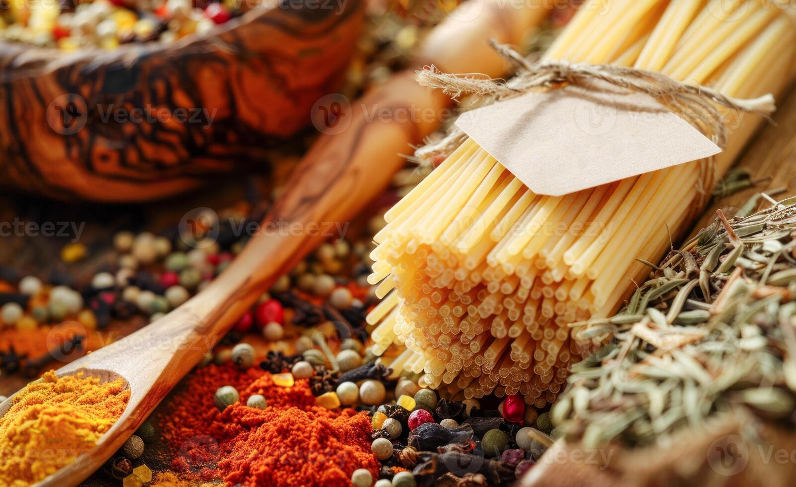 AI generated Bundle of Uncooked Spaghetti Tied With String Next to Various Spices and Herbs photo