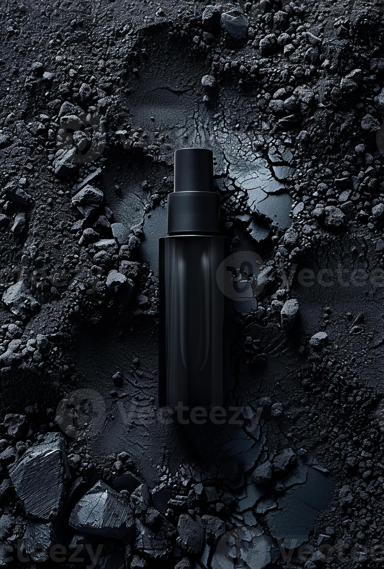 AI generated Elegant Black Perfume Bottle Amidst Dark Shattered Glass 