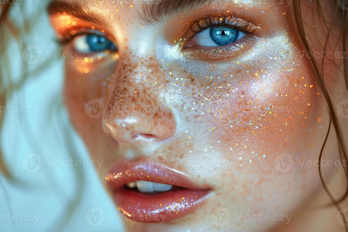 AI generated Close-Up Portrait of a Woman With Sparkling Makeup and Striking Blue Eyes photo