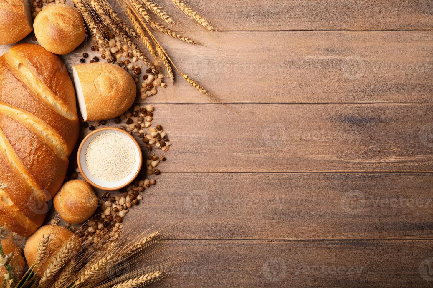 AI generated Baked bread with wheats on wooden plank table background photo
