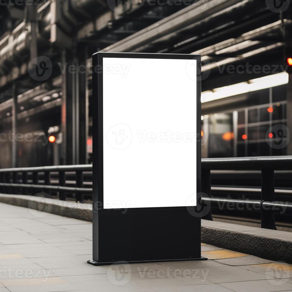 AI generated Blank black mupi billboard mockup on railway station background photo