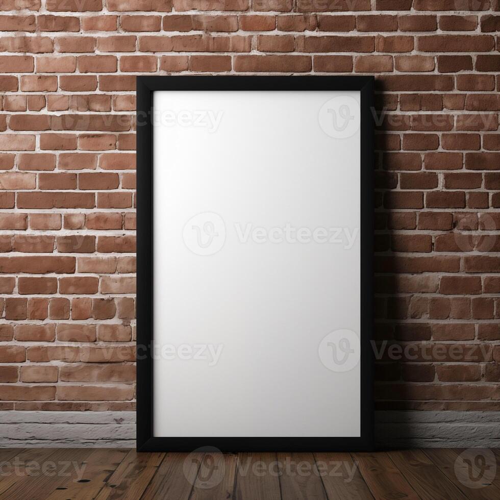 AI generated Empty photo frame mockup on brick wall with wooden floor