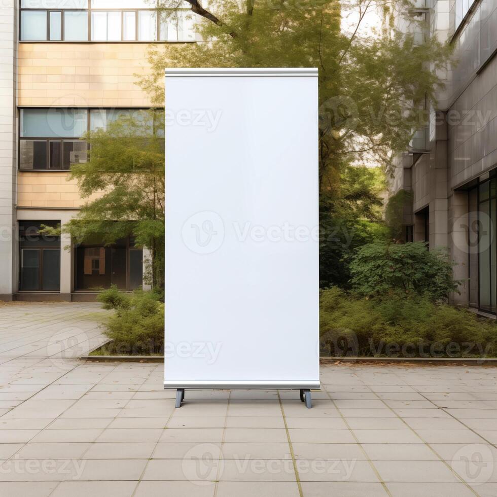 AI generated Empty white roll up banner mockup on outdoor office background photo