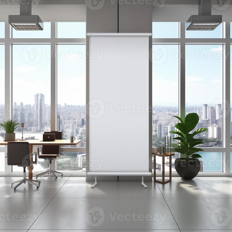 AI generated Blank roll up banner mockup in office with plant and office windows photo