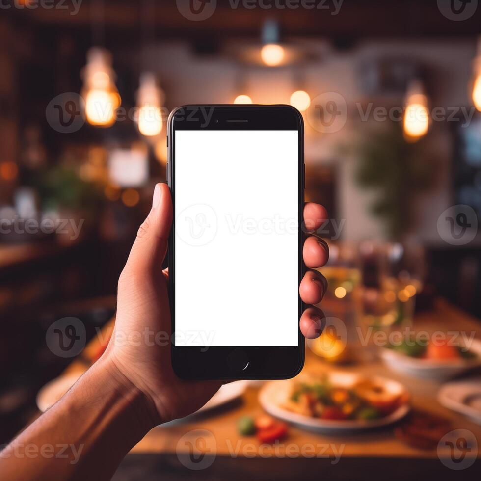 AI generated Hand holding blank screen smartphone on blurred dining table background photo