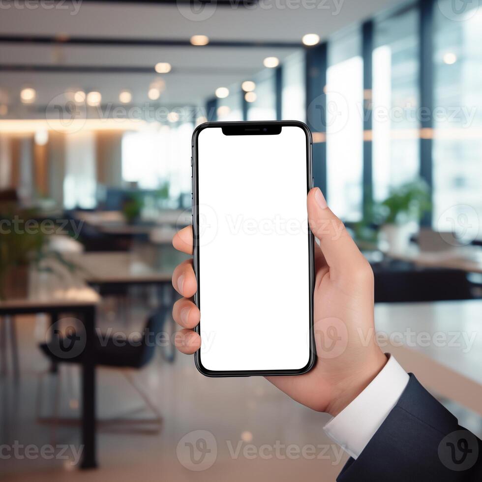 AI generated Businessman hand holding a smartphone with blank screen for mockup with office background photo