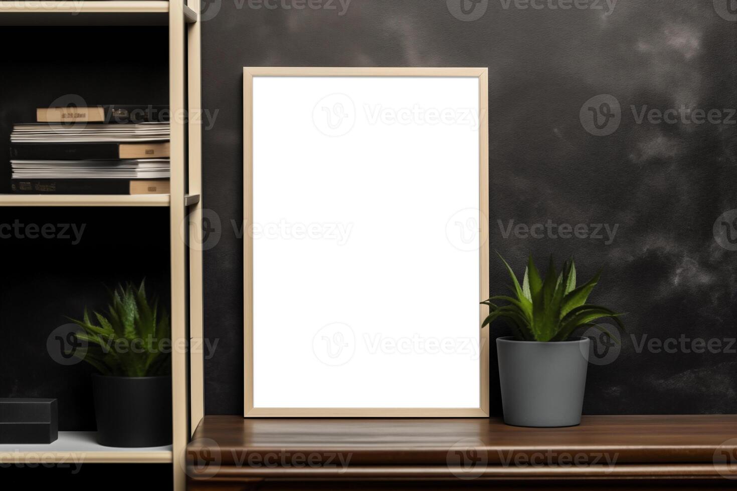 AI generated Empty wooden photo frame mockup with plant and bookshelf on table